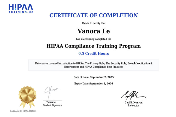 Chứng chỉ hoàn thành đào tạo tuân thủ HIPAA